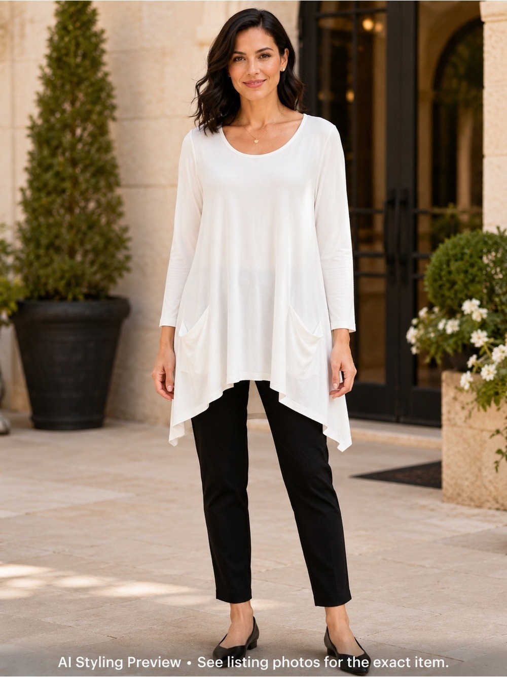 Joseph Ribkoff White A-Line Tunic Top Draped Pockets Stretch Travel Wear M